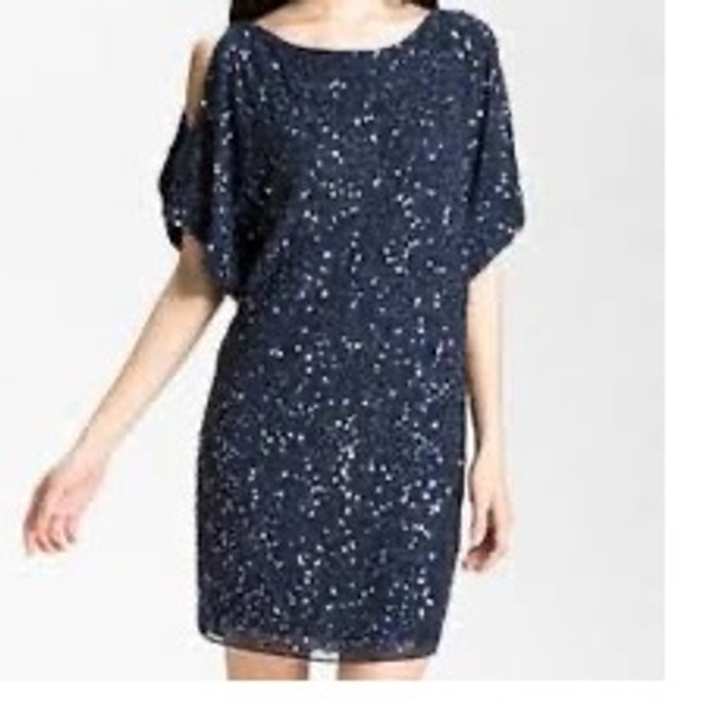 Aidan Mattox Navy Blue Sequin Cold Shoulder Party Dress Size 4 - Picture 1 of 9